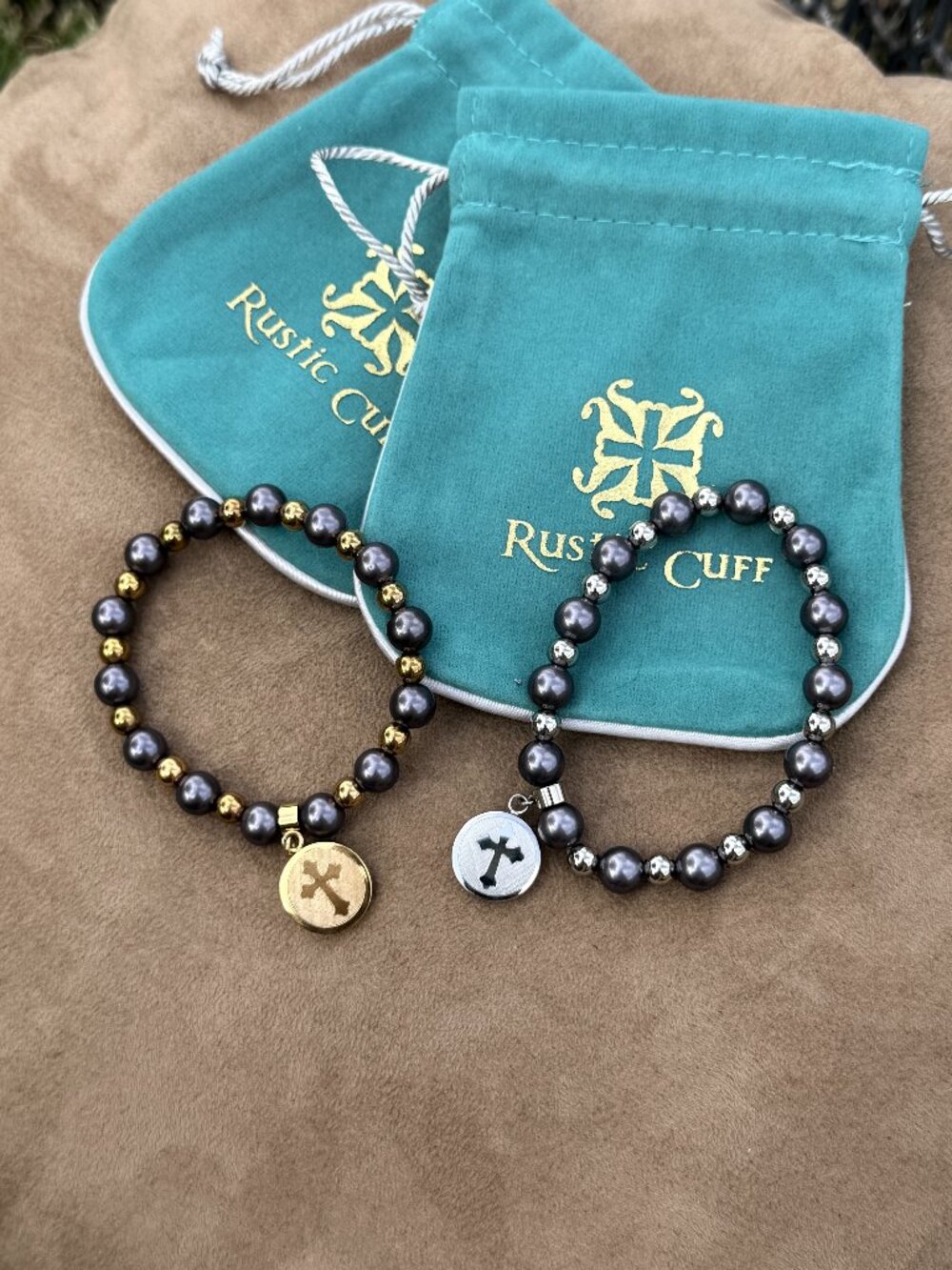 Rustic Cuff Cross Charm Beaded Bracelets Silver and Gold (BOX AND BAGS INCLUDED)